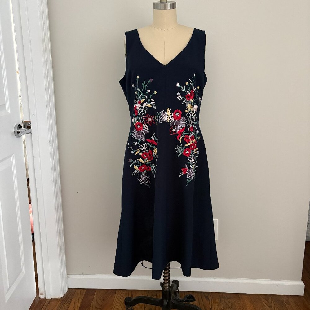 David Meister Navy Floral Dress Embroidered Flowers Lined Botanical Luxe Chic 14